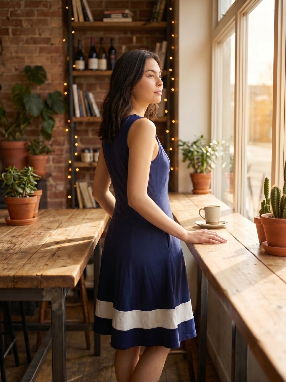 New York & Company Sleeveless Fit Flare Dress Navy White Stripe Casual Cotton